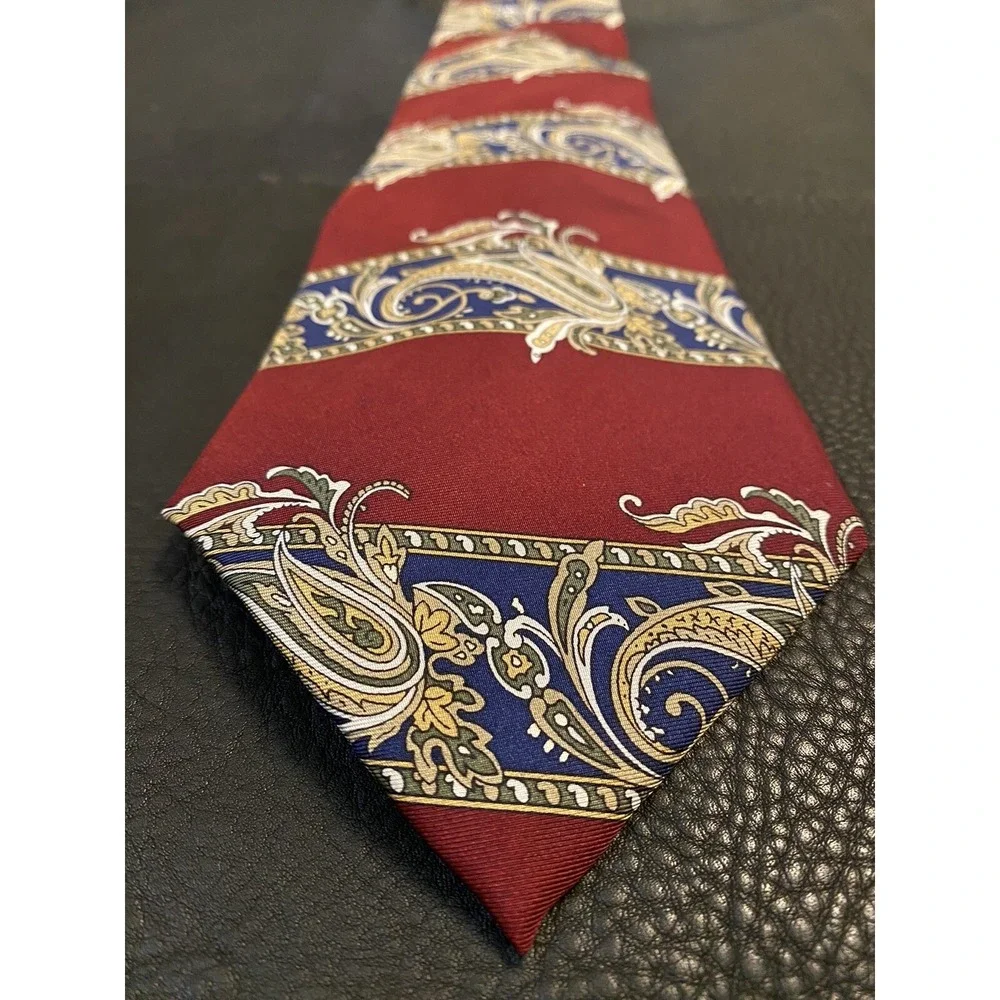 Mens Stanford Geometric Maroon Tan Blue Neck Silk Tie 56